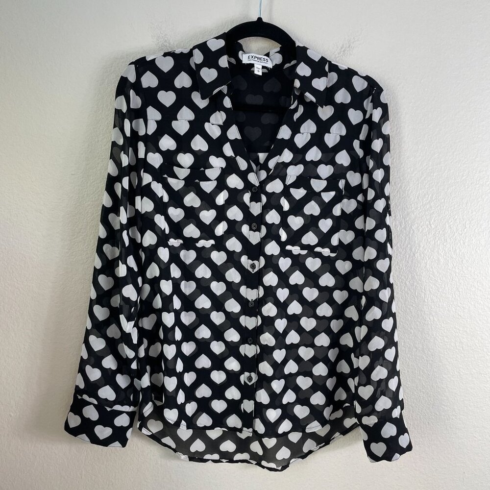 Express Portofino Shirt Womens Small Black White Heart‎ Roll Tab Sleeve Blouse